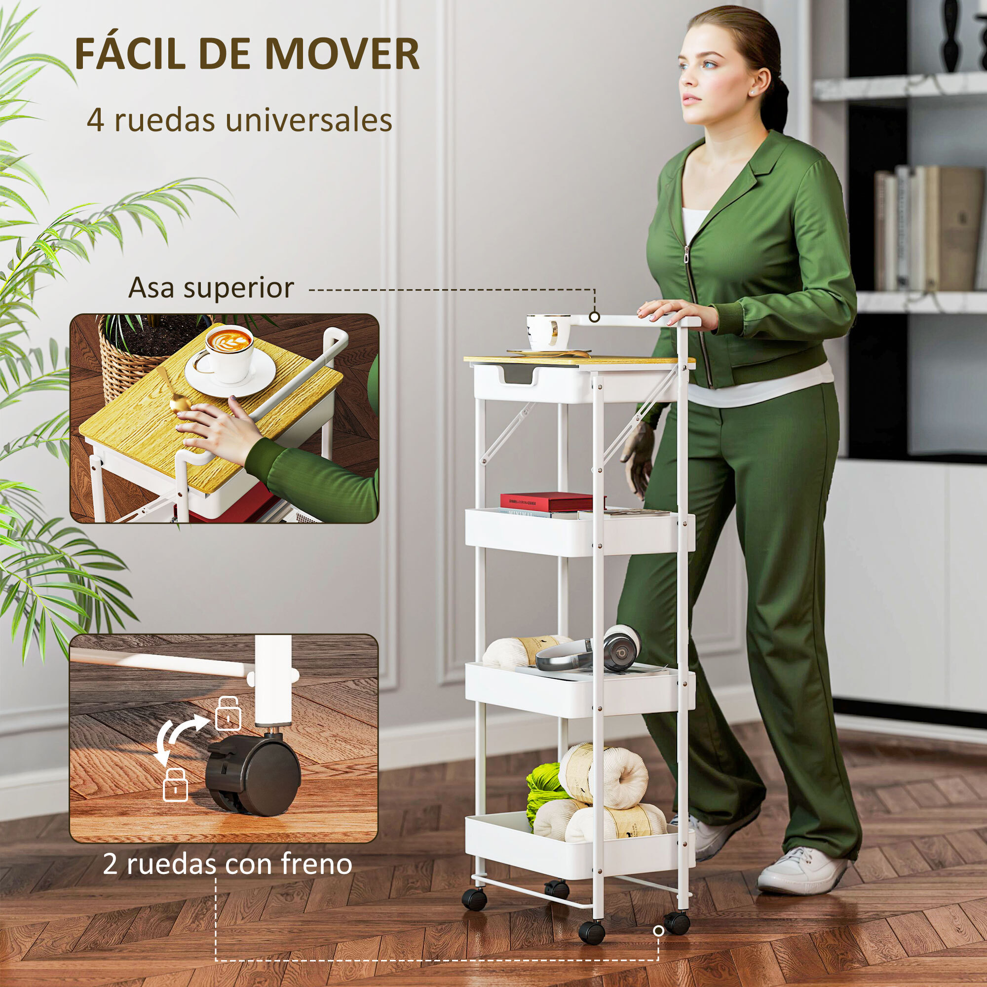Carrito Auxiliar con Ruedas de 4 Niveles Carro de Cocina con 1 Cajón y 3 Cestas Carrito Organizador para Dormitorio Salón Oficina Blanco