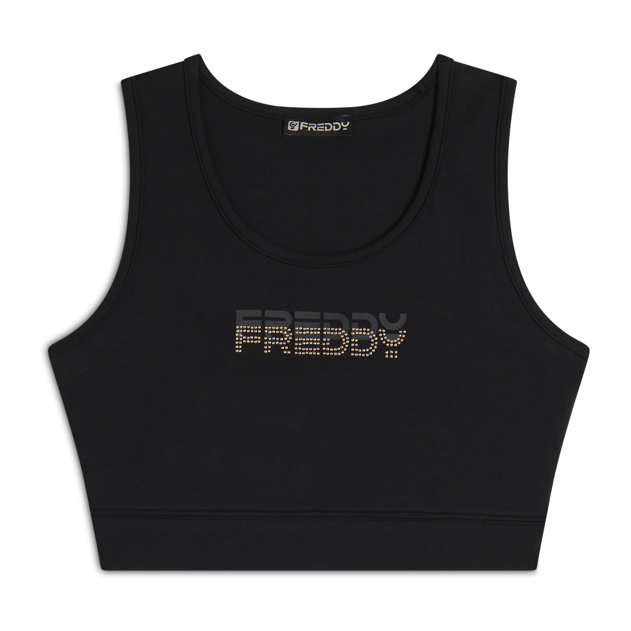 Top sportivo supporto medio in jersey con grafica dorata