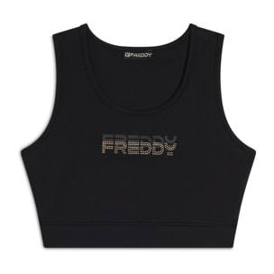 Top sportivo supporto medio in jersey con grafica dorata