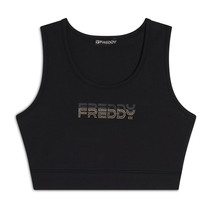 Top sportivo supporto medio in jersey con grafica dorata