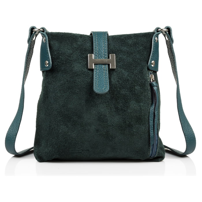 FIRENZE ARTEGIANI Borsa a Spalla da Donna Milano. Vera Pelle Dollaro Camoscio Made in Italy 26x4x25 Cm. Colore verde