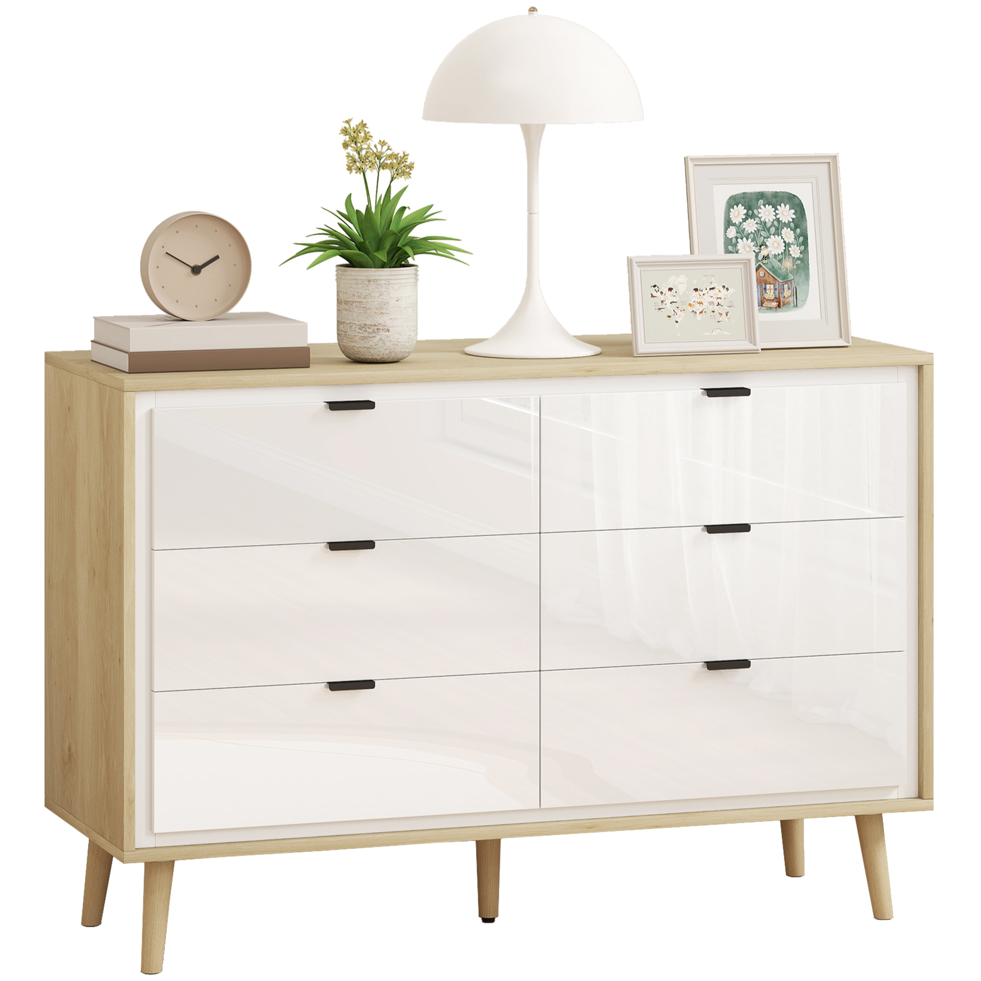 Cómoda 6 Cajones, Cómoda Dormitorio con Patas de Madera, Cajonera para Salón, Oficina, Estilo Moderno, 110x40x75 cm, Blanco Brillo y Roble