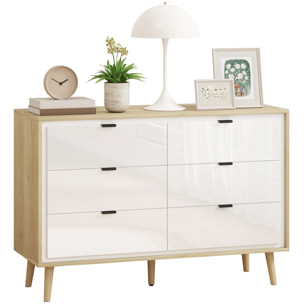 Cómoda 6 Cajones, Cómoda Dormitorio con Patas de Madera, Cajonera para Salón, Oficina, Estilo Moderno, 110x40x75 cm, Blanco Brillo y Roble