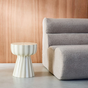 Table d'appoint. bout de canapé. table de chevet. acier émaillé rayures bicolore. gris beige et blanc. Ø34 x H41cm
