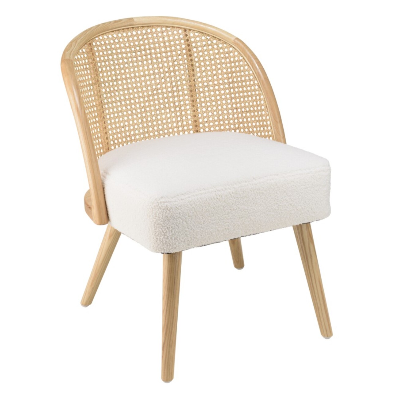 AGATHE- Chaise basse Hévéa assise tissu bouclette blanc dossier rotin