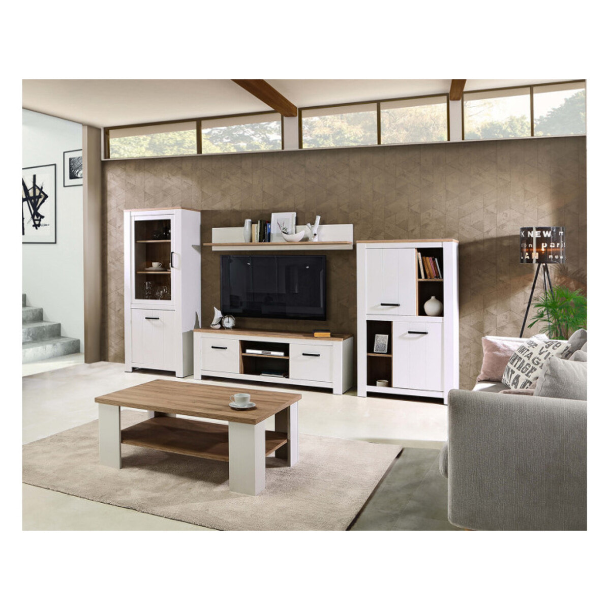 Etagère murale blanche et effet bois L160cm - ENORA