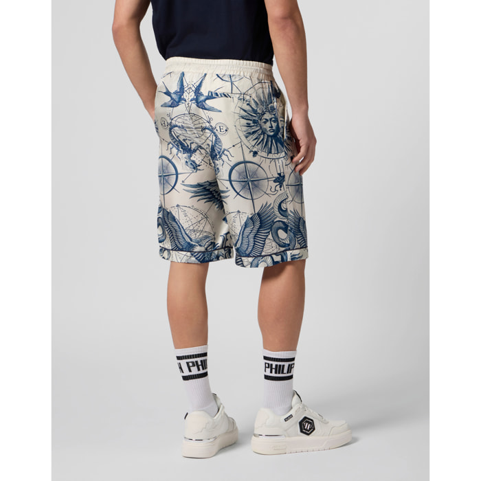 PHILIPP PLEIN Silk Bowling Shorts All-Over Tattoo