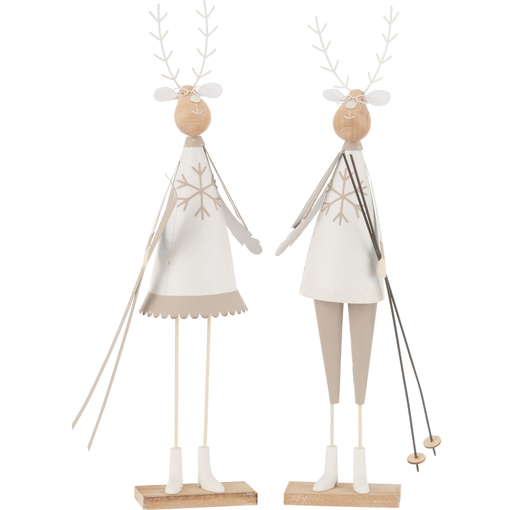 J-Line figurine Renne Déco Garçon/Fille - métal/bois - blanc/beige - large - 2 pcs