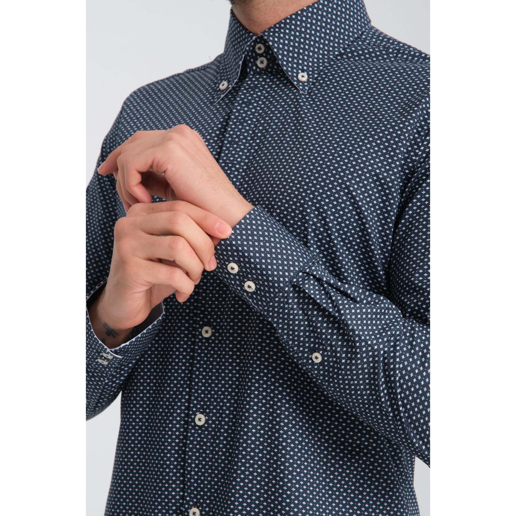 Camicia Uomo 2 Bottoni Button Down Slim Popeline Stretch Stampato Blu\Bianco