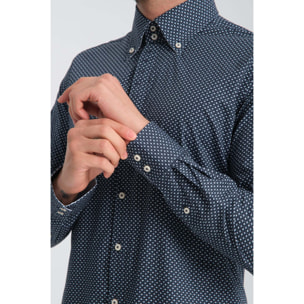 Camicia Uomo 2 Bottoni Button Down Slim Popeline Stretch Stampato Blu\Bianco