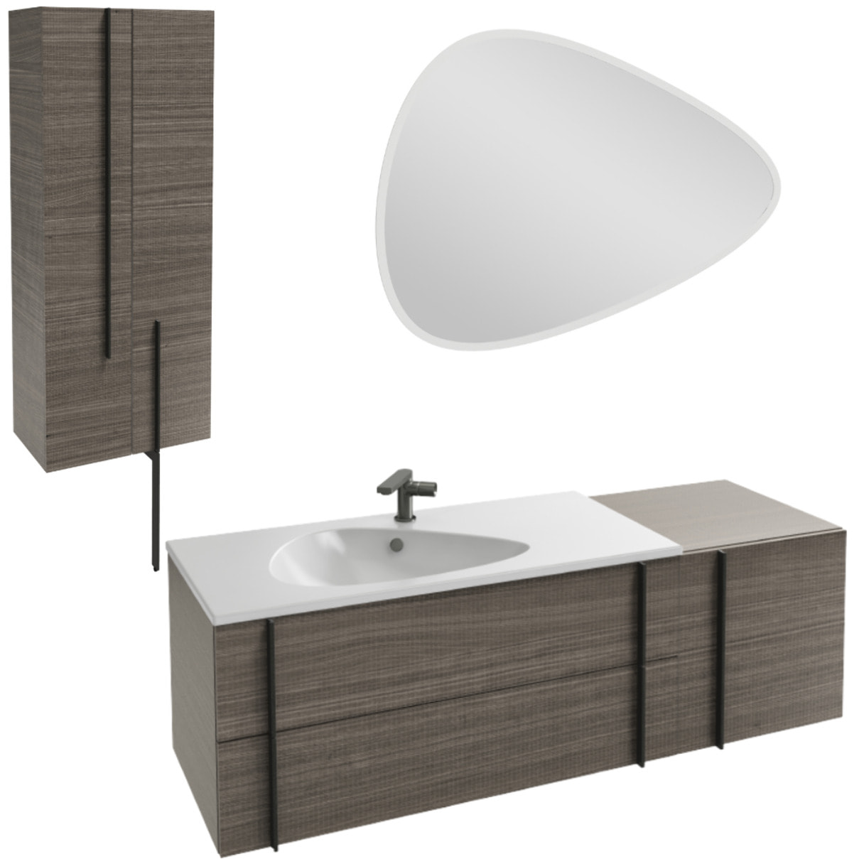 Meuble vasque 145 cm Nouvelle Vague chene tranché + tiroir rack + colonne 2 portes + miroir + pied