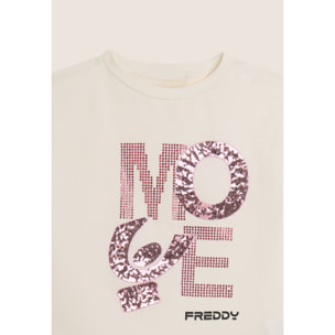 T-shirt Junior cropped con grafica in strass e paillettes