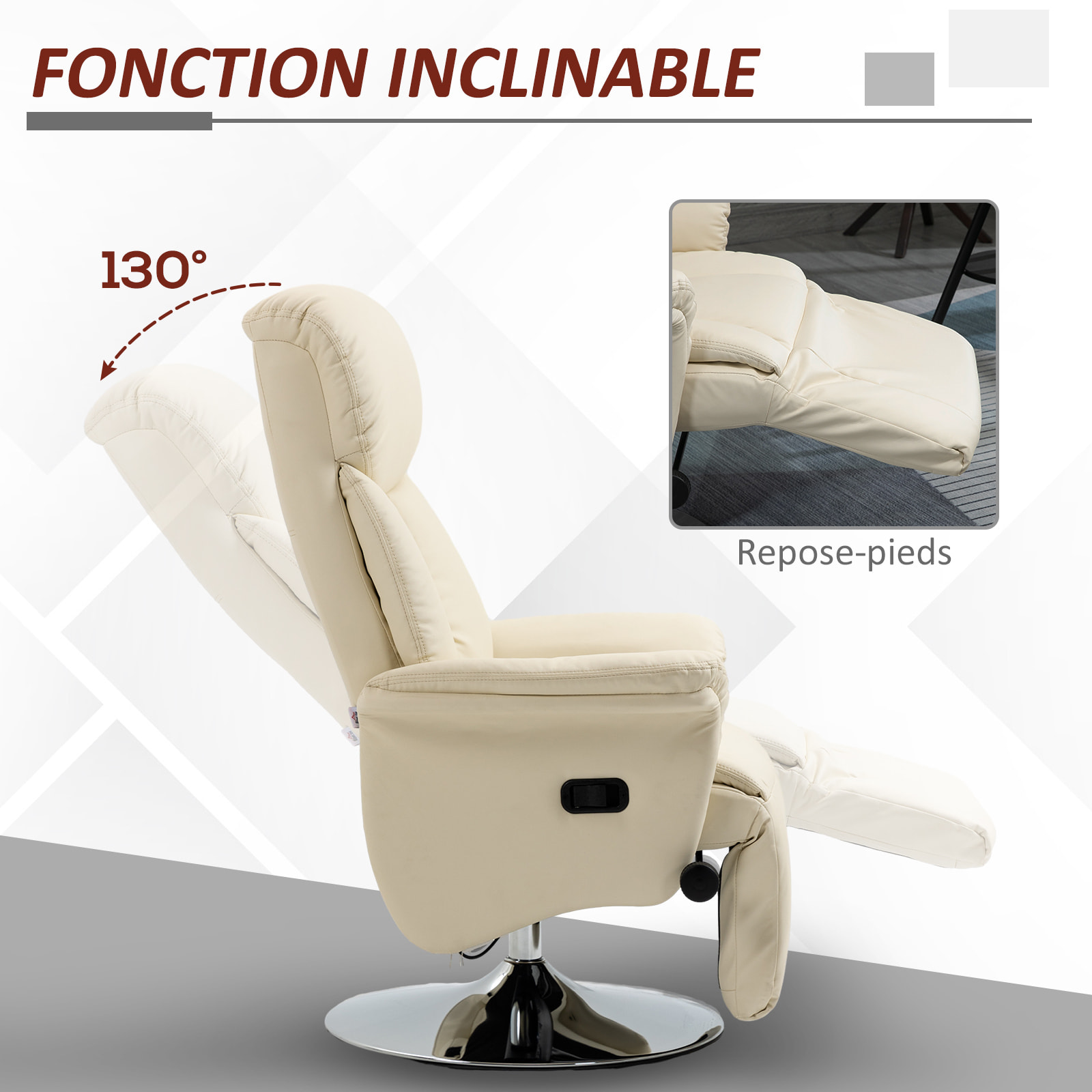 Fauteuil relax inclinable repose-pied réglable pivotant 360° piètement métal chromé revêtement synthétique crème