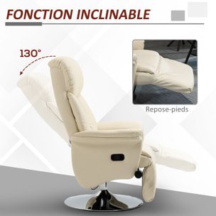 Fauteuil relax inclinable repose-pied réglable pivotant 360° piètement métal chromé revêtement synthétique crème