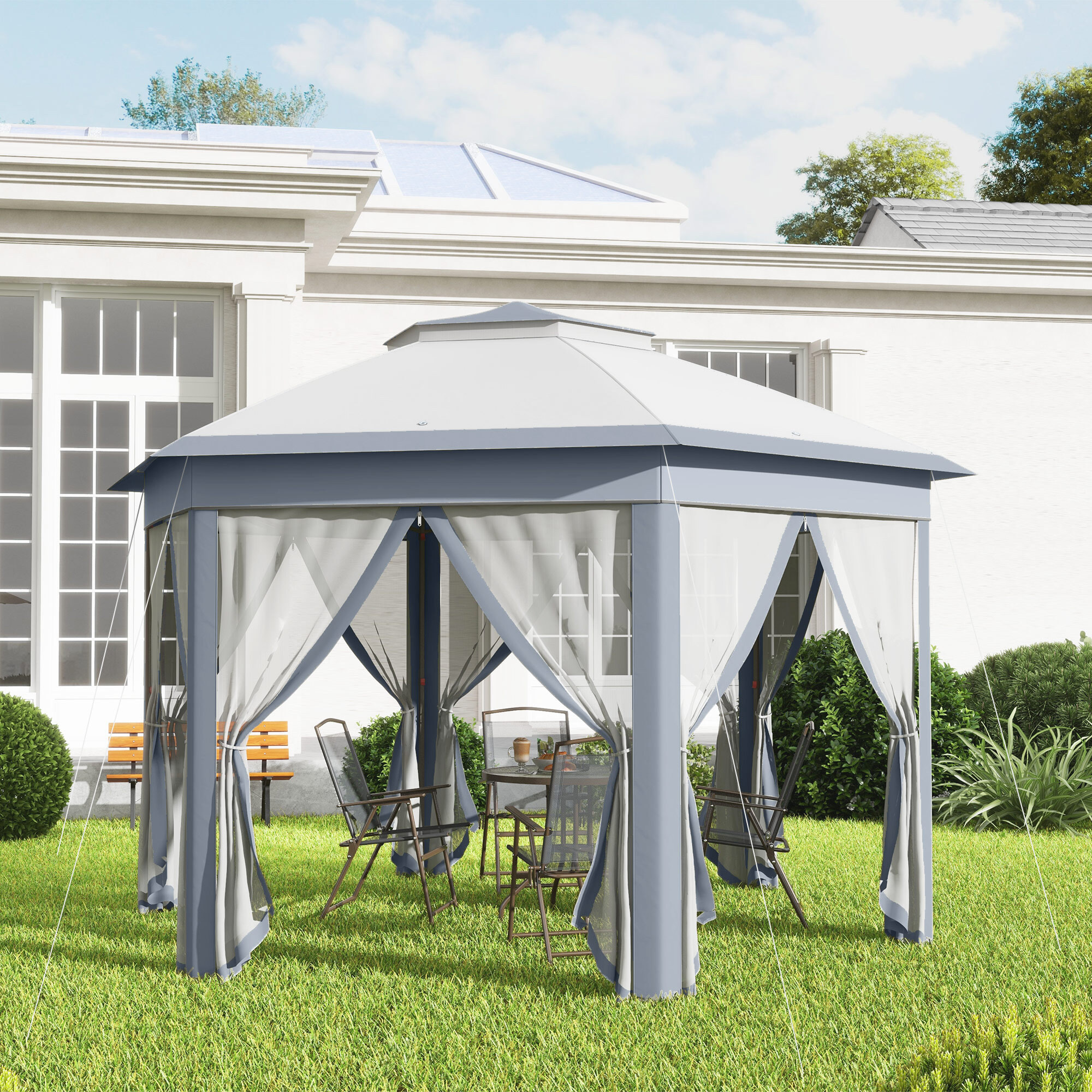 Carpa Plegable 4x3,4 m, Cenador de Jardín Hexagonal con Doble Techo, 6 Mosquiteras Extraíbles y Bolsa de Transporte, Impermeable, Anti-UV para Exterior, Fiestas, Gris