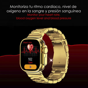 DAM Smartwatch C9 Ultra Max con 20 modos de deporte, llamadas Bluetooth. Monitores de frecuencia cardiaca, oxígeno en sangre, tensión. Doble correa. 4,9x1,2x4,4 Cm. Color: Oro