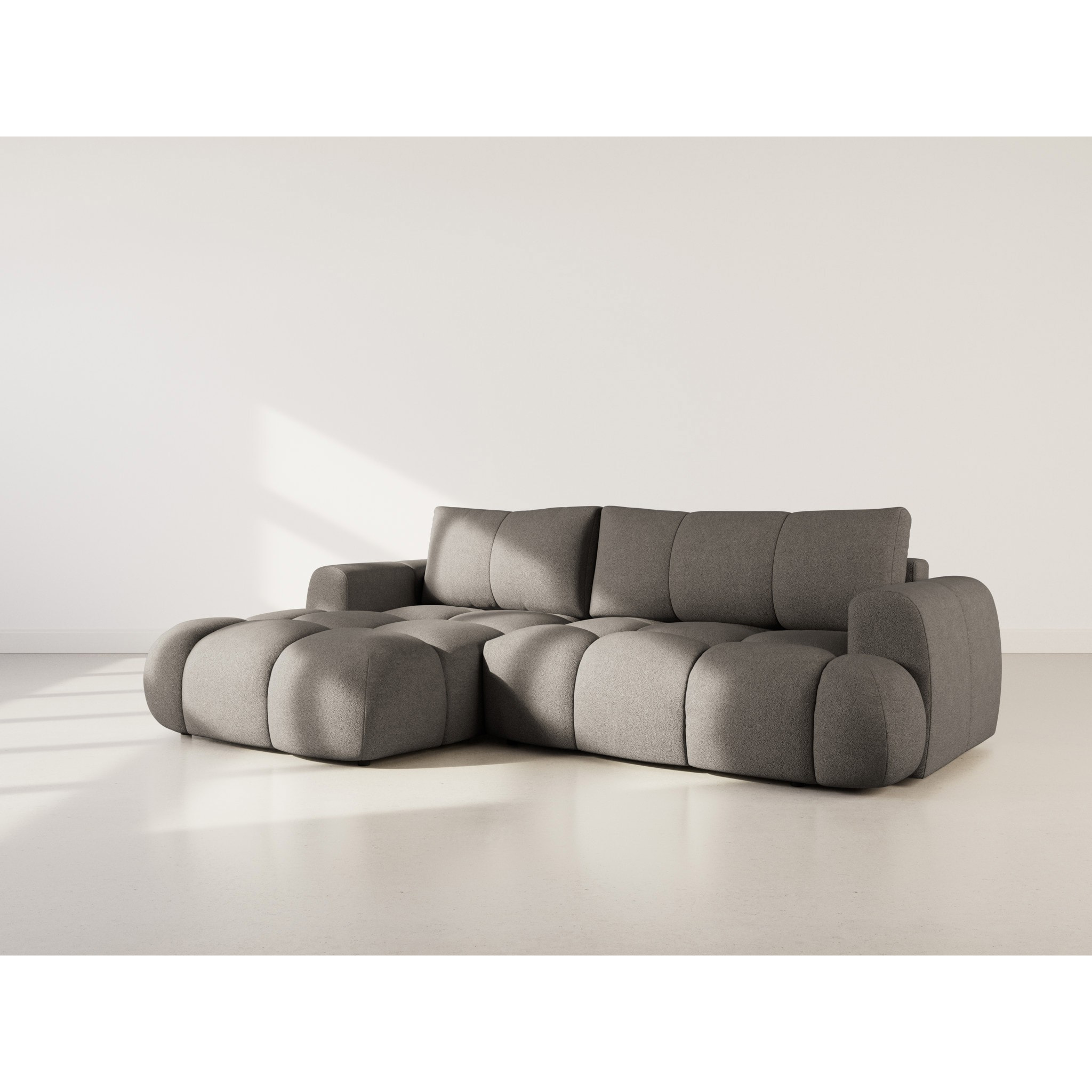 Yulin - Canapé d'angle gauche 4 places convertible avec coffre en tissu bouclette - Gris foncé