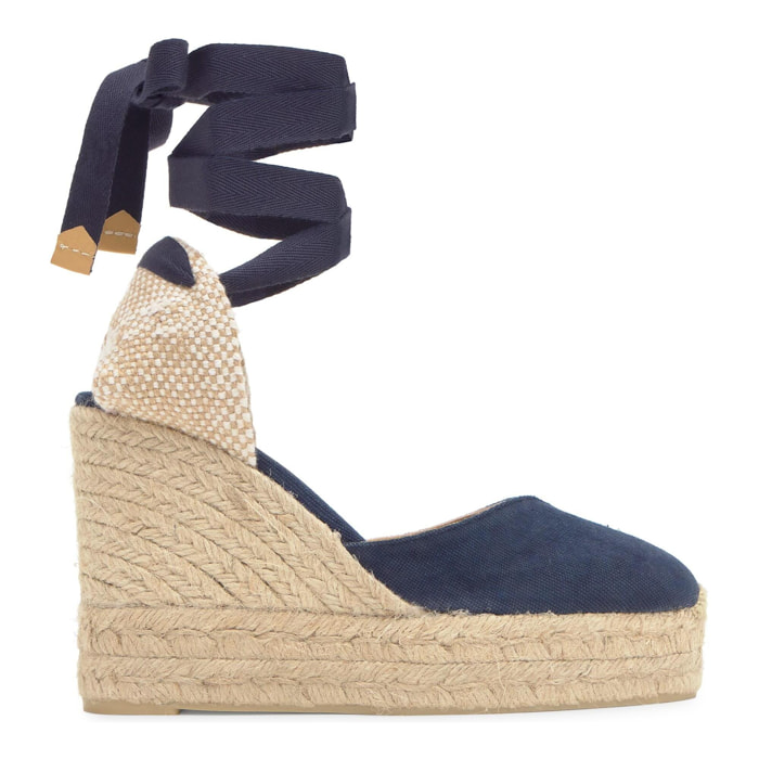 Alpargata con cuña 8 cm en lona de algodón con pala en v y cintas al tobillo