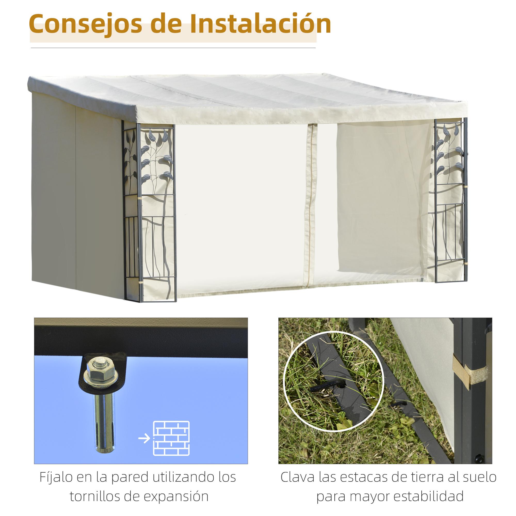 Cenador con Montaje en Pared Cortinas Laterales Malla con Cremallera 4x3x2,6m