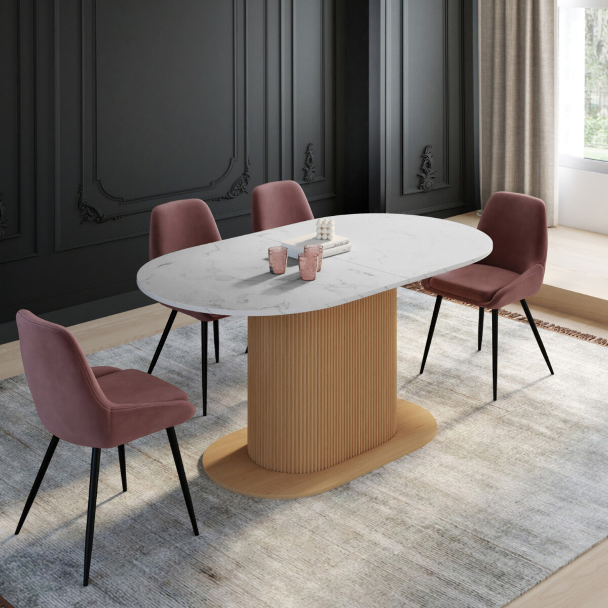 Table à manger extensible Maria effet marbre blanc et pied lattes 160-200cm