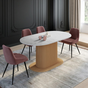 Table à manger extensible Maria effet marbre blanc et pied lattes 160-200cm