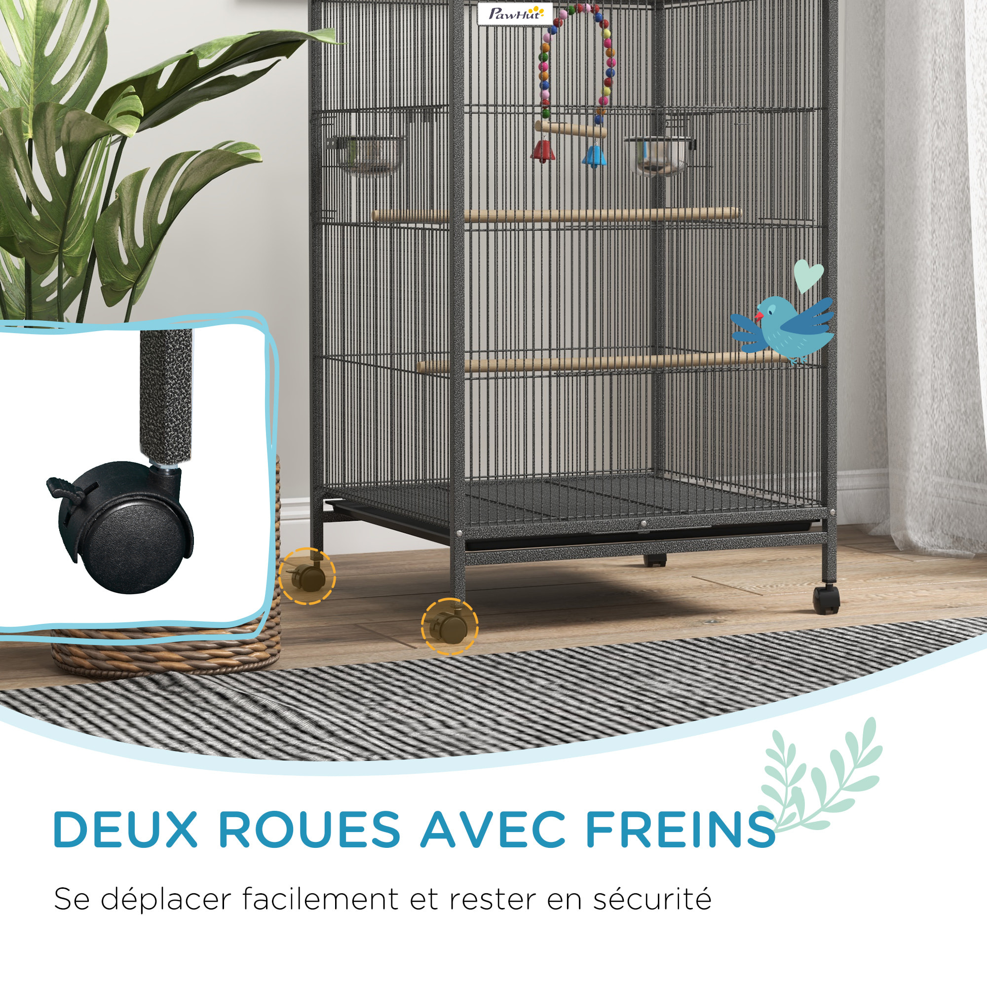 Cage à oiseaux sur roulettes - volière mobile - nombreux accessoires - dim. 48x46x74cm - acier époxy gris noir