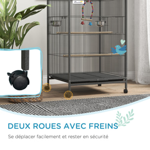Cage à oiseaux sur roulettes - volière mobile - nombreux accessoires - dim. 48x46x74cm - acier époxy gris noir