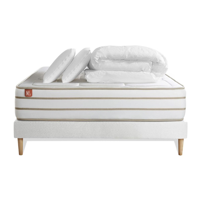 Pack Matelas Le Douillet - 26cm - Mémoire de forme - Matériaux éco-responsable - Sommier kit Blanc - Avec couette et oreillers