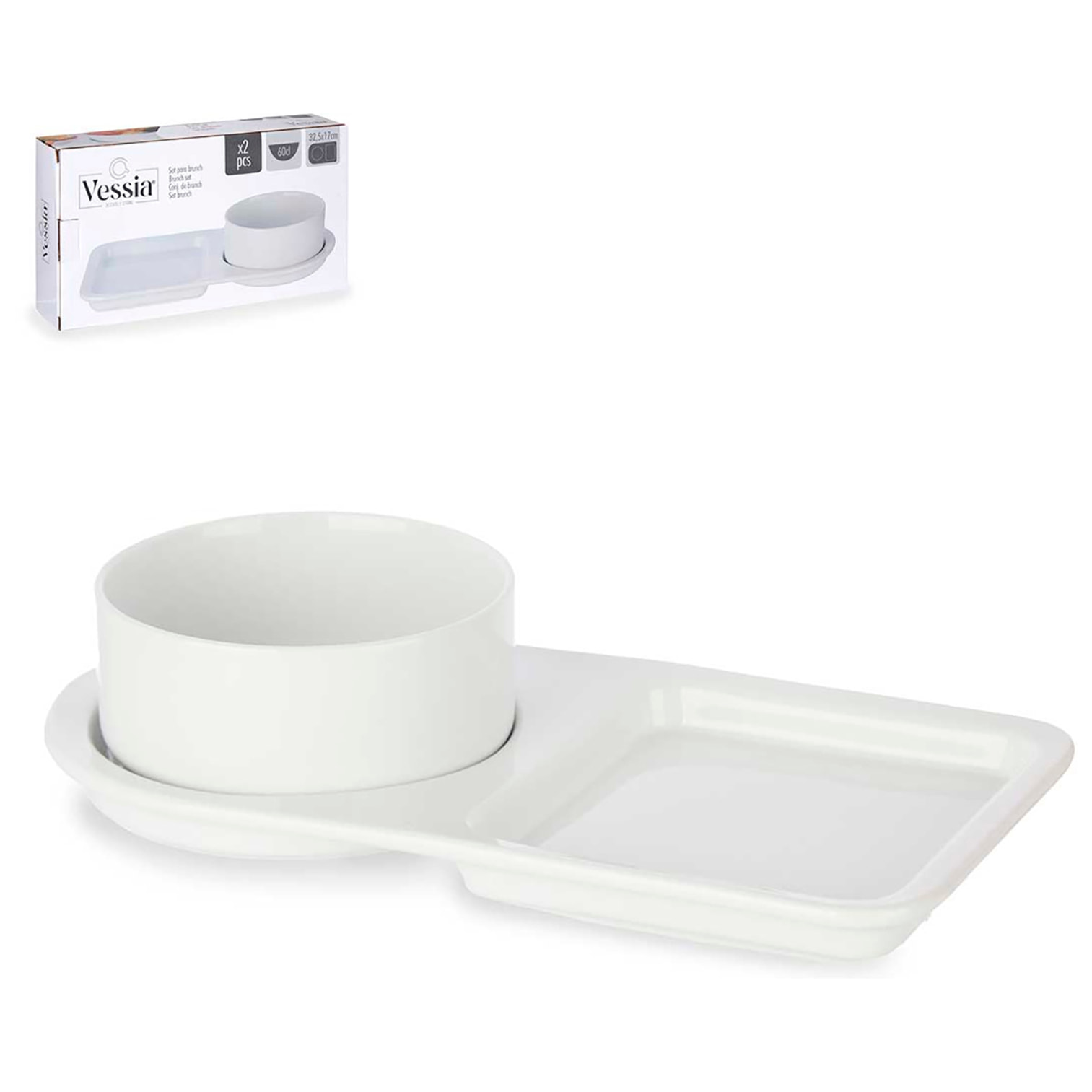 DAM SET 2 PZ BRUNCH CIOTOLA E PIATTO IN PORCELLANA 33x8x18 Cm. Colore bianco