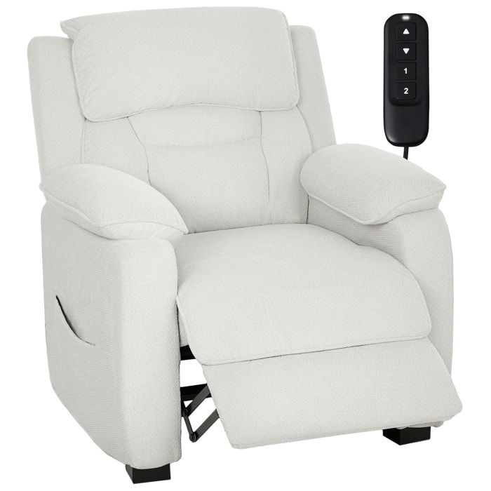 Sillón Relax Reclinable Eléctrico con Motor Silencioso, Sillón Reclinable de Terciopelo con Mando con 2 Posiciones de Memoria, Reposapiés, Reposacabezas, Puerto USB, Bolsillos, Blanco Crema