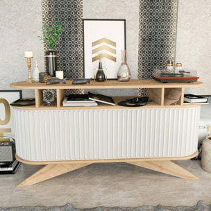 Credenza Dpoluzz, Buffet da soggiorno, Madia da salotto, Dispensa da cucina, 150x43h75 cm, Quercia e Bianco