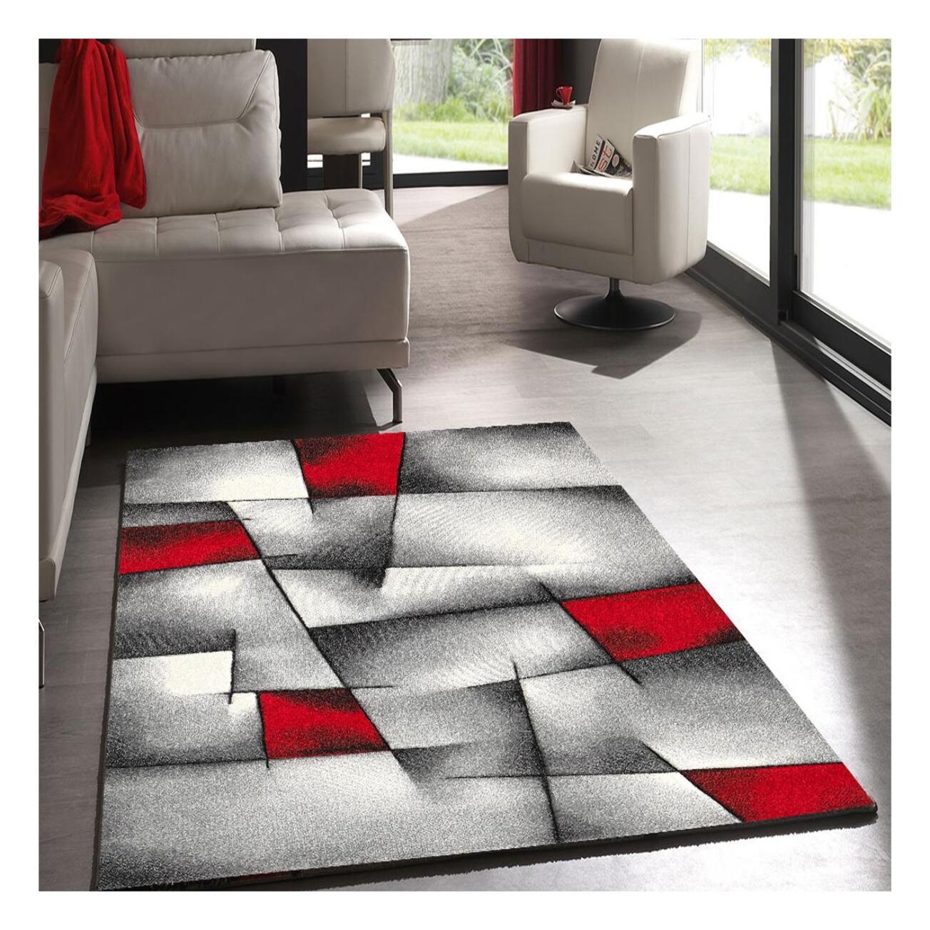Tapis Rahi gris et rouge aux motifs géométriques