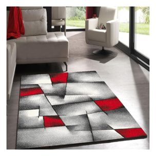 Tapis Rahi gris et rouge aux motifs géométriques