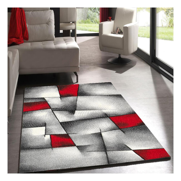 Tapis Rahi gris et rouge aux motifs géométriques