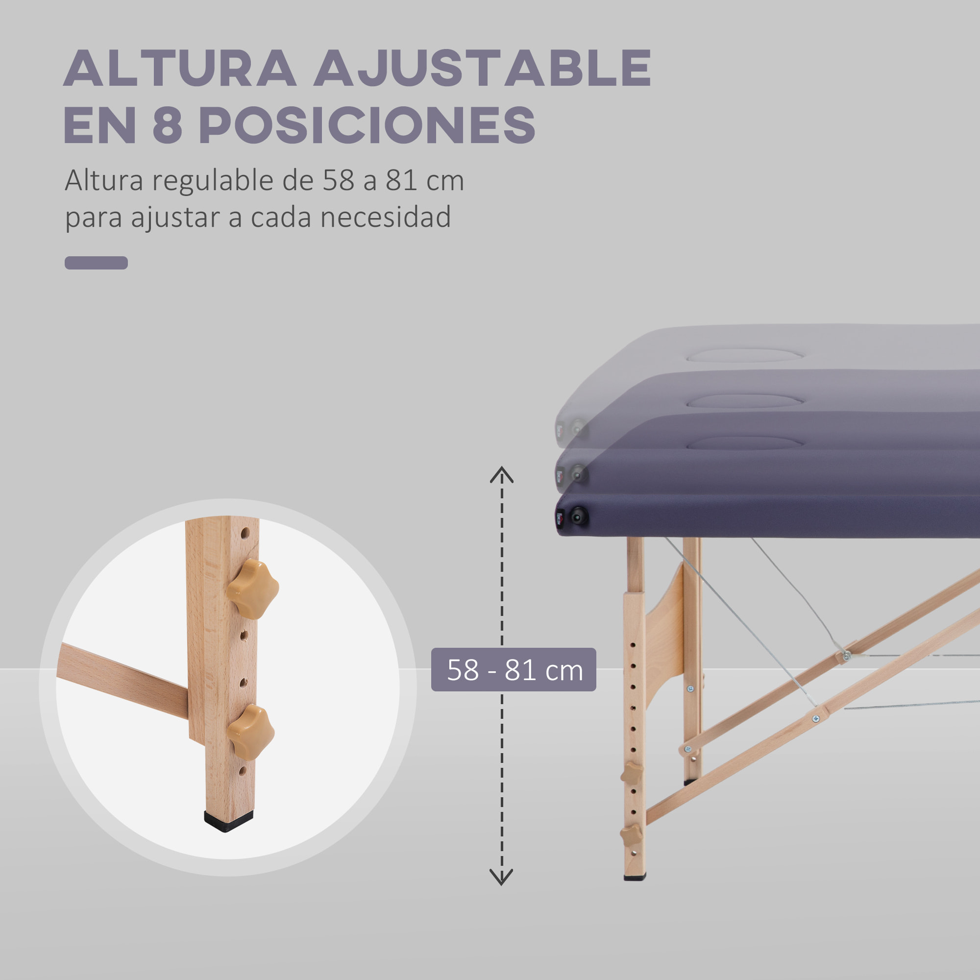 Camilla de Masaje Plegable Mesa de Masaje Portátil con Reposacabezas Marco de Madera Camilla Fisioterapia con Altura Regulable y Bolsa de Transporte 186x60x58-81 cm Púrpura