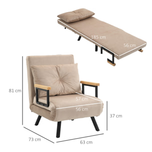 Sofá Cama Individual Plegable Silla Cama Convertible 3 en 1 con Respaldo Ajustable de 5 Niveles y Almohada Acolchada para Oficina Dormitorio Salón Carga 120 kg 63x73x81 cm Beige