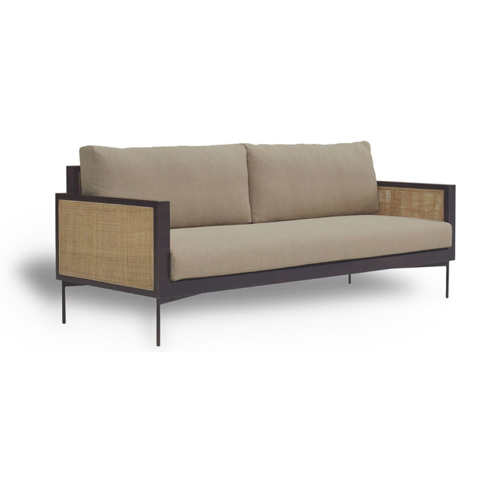 Canapé 3 places en tissu taupe structure en rotin et bois  TONKIN