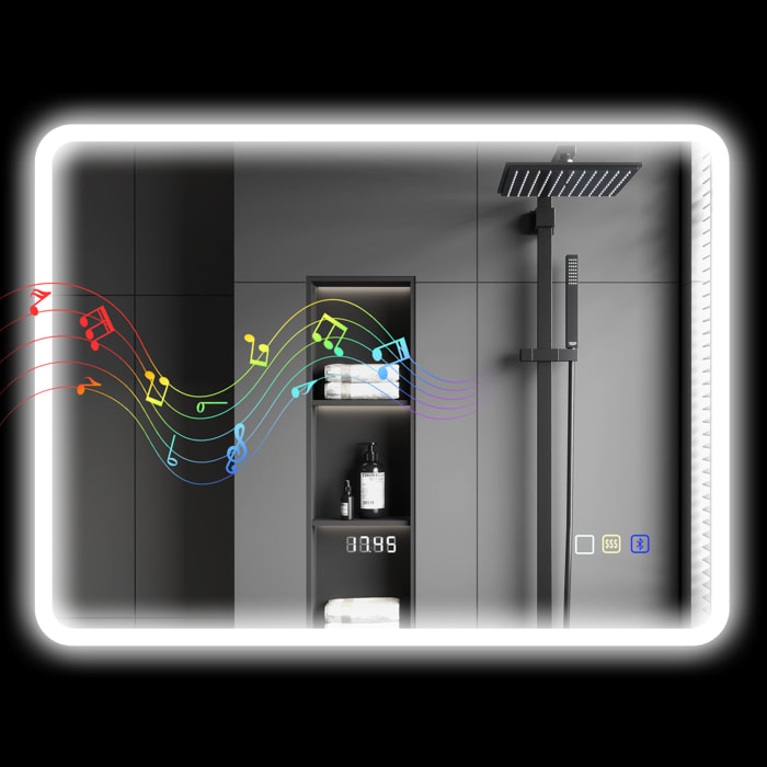Espejo de Baño con Luz LED 80x60 cm Espejo de Pared con Bluetooth 3 Colores de Luz Función Antivaho Función de Memoria Interruptor Táctil IP44