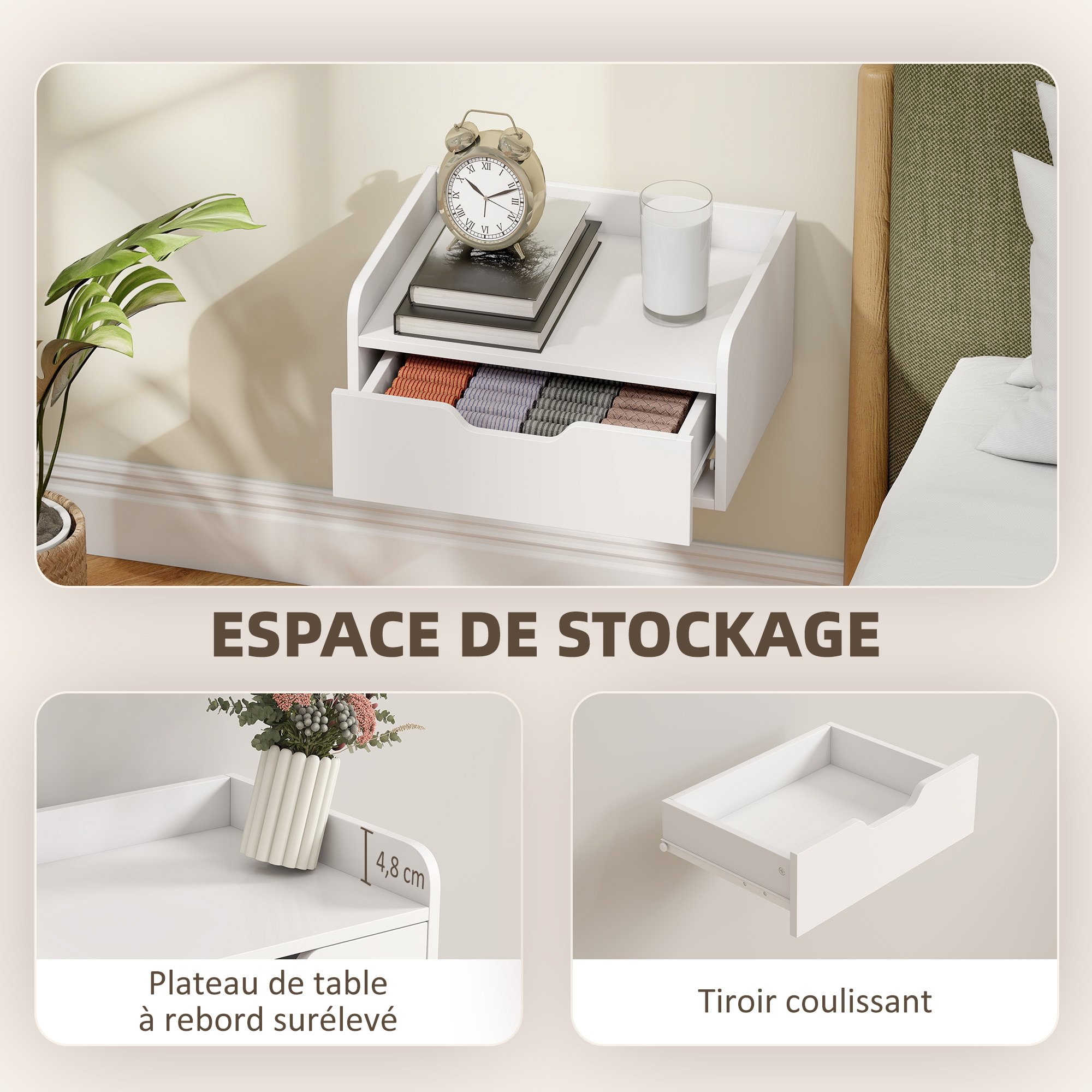 Lot de 2 chevets tables de nuit murales - tiroir coulissant, plateau - blanc