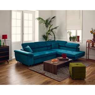 Dimas - canapé d'angle droit 5 places - convertible avec coffre et têtières réglables - en velours - Bleu