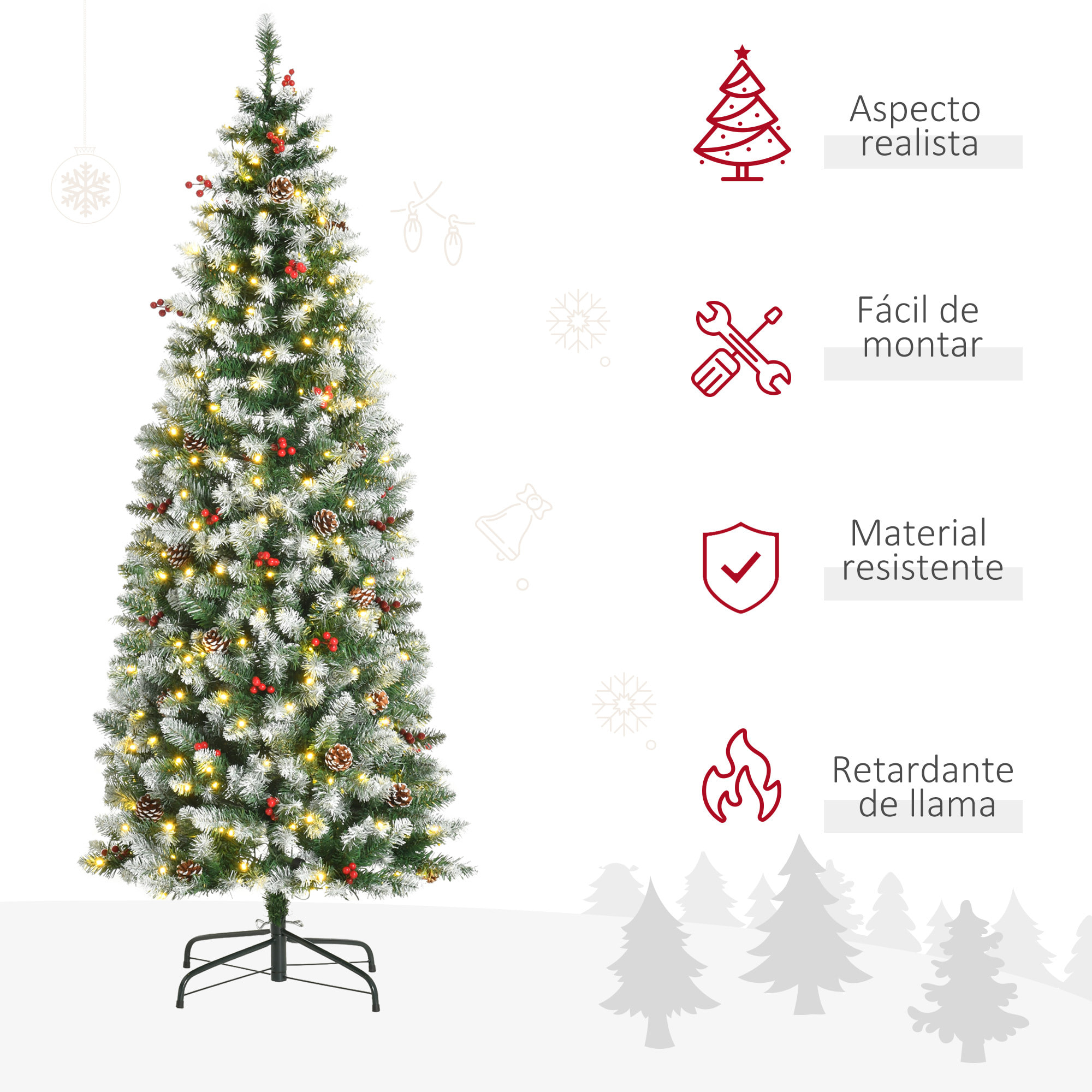 árbol de Navidad Nevado Artificial 180 cm con 300 Luces LED Blanco Cálido 618 Ramas Ignífugas de PVC Decoraciones Incluidas y Base Plegable Ø65x180 cm Verde