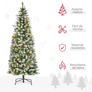 árbol de Navidad Nevado Artificial 180 cm con 300 Luces LED Blanco Cálido 618 Ramas Ignífugas de PVC Decoraciones Incluidas y Base Plegable Ø65x180 cm Verde
