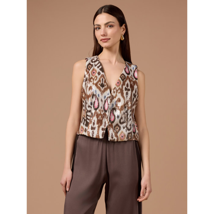 Oltre - Gilet fantasia con paillettes - Beige