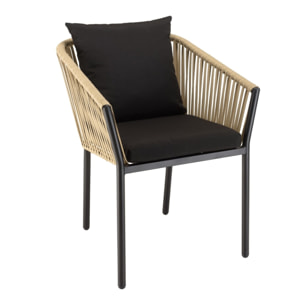 MALO - Lot de 6 fauteuils en cordage couleur naturelle coussins noirs MALO