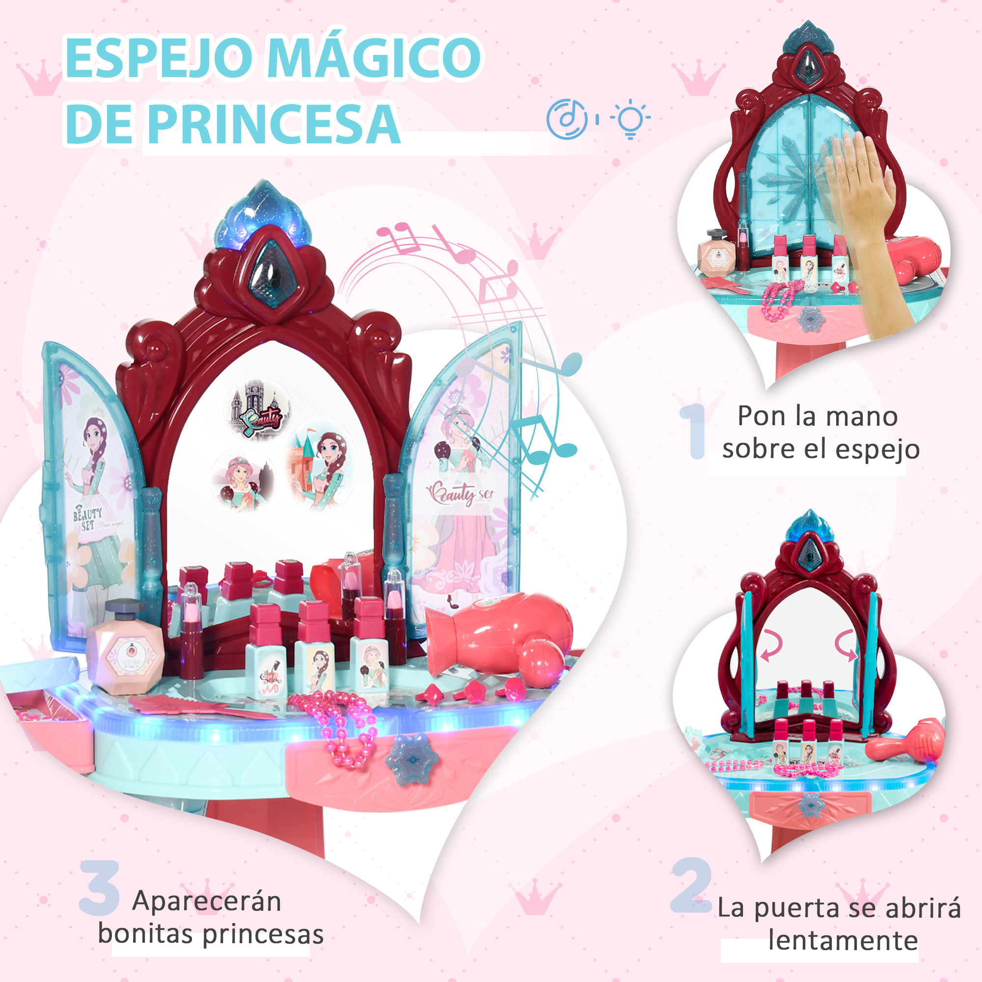 Tocador de Juguete para Niñas de +3 Años con Taburete Espejo Luz Música y Secador Incluye 31 Accesorios Tocador de Maquillaje 57x34x76 cm Multicolor