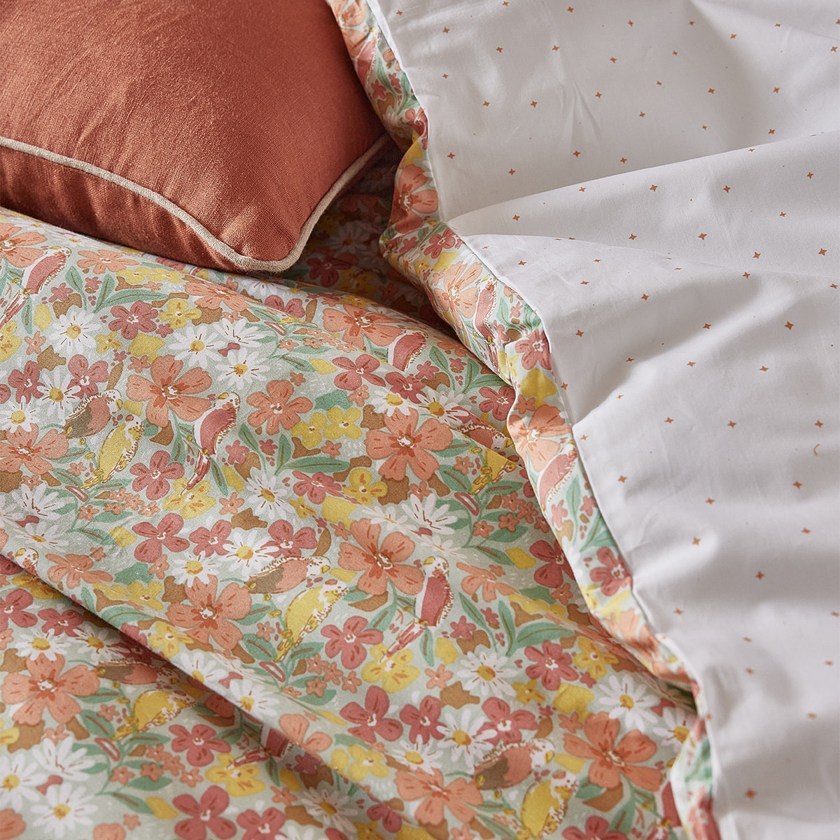 Parure de lit Housse de couette + Taie rectangle en percale de coton, LOVE BIRDS, Multicolore