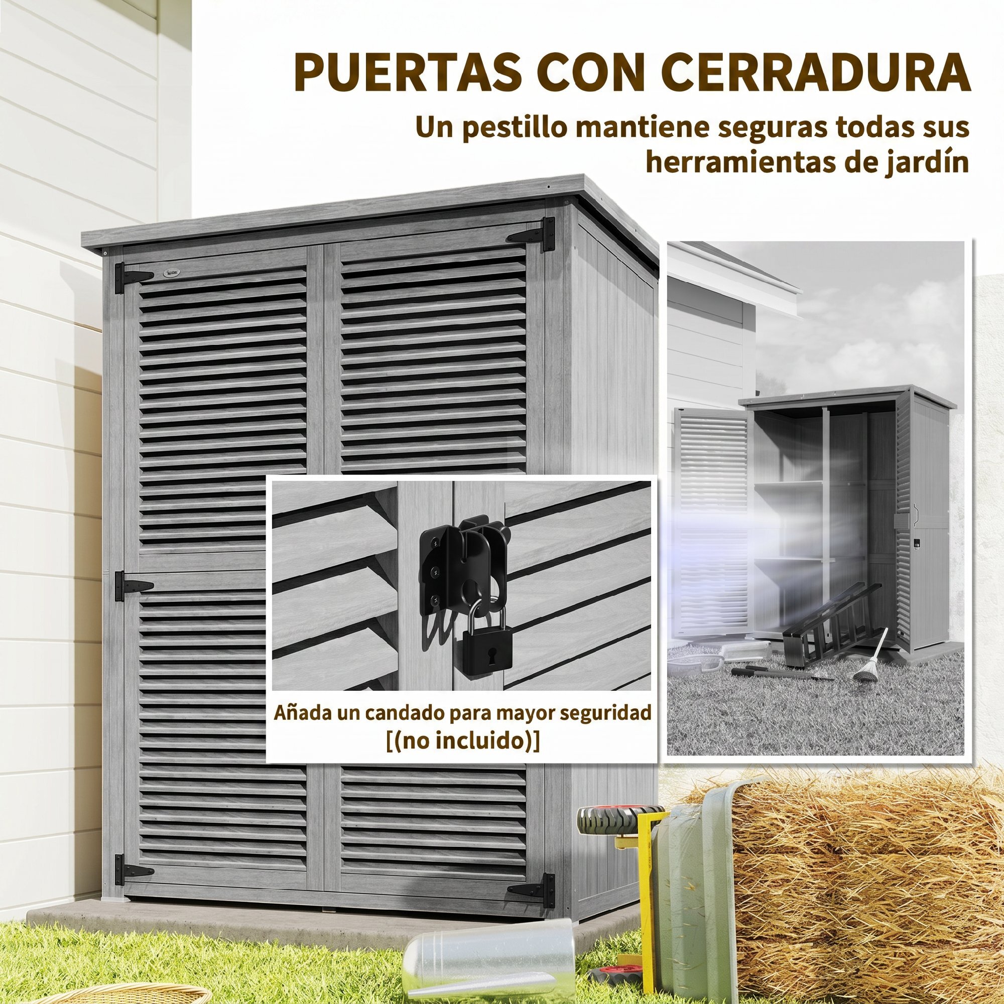 Caseta de Jardín de Madera, 127x65x168 cm, Cobertizo Jardín Exterior, Armario para Almacenaje Herramientas, con 2 Puertas de Persiana 2 Estantes Techo Impermeable para Patio Terraza, Gris