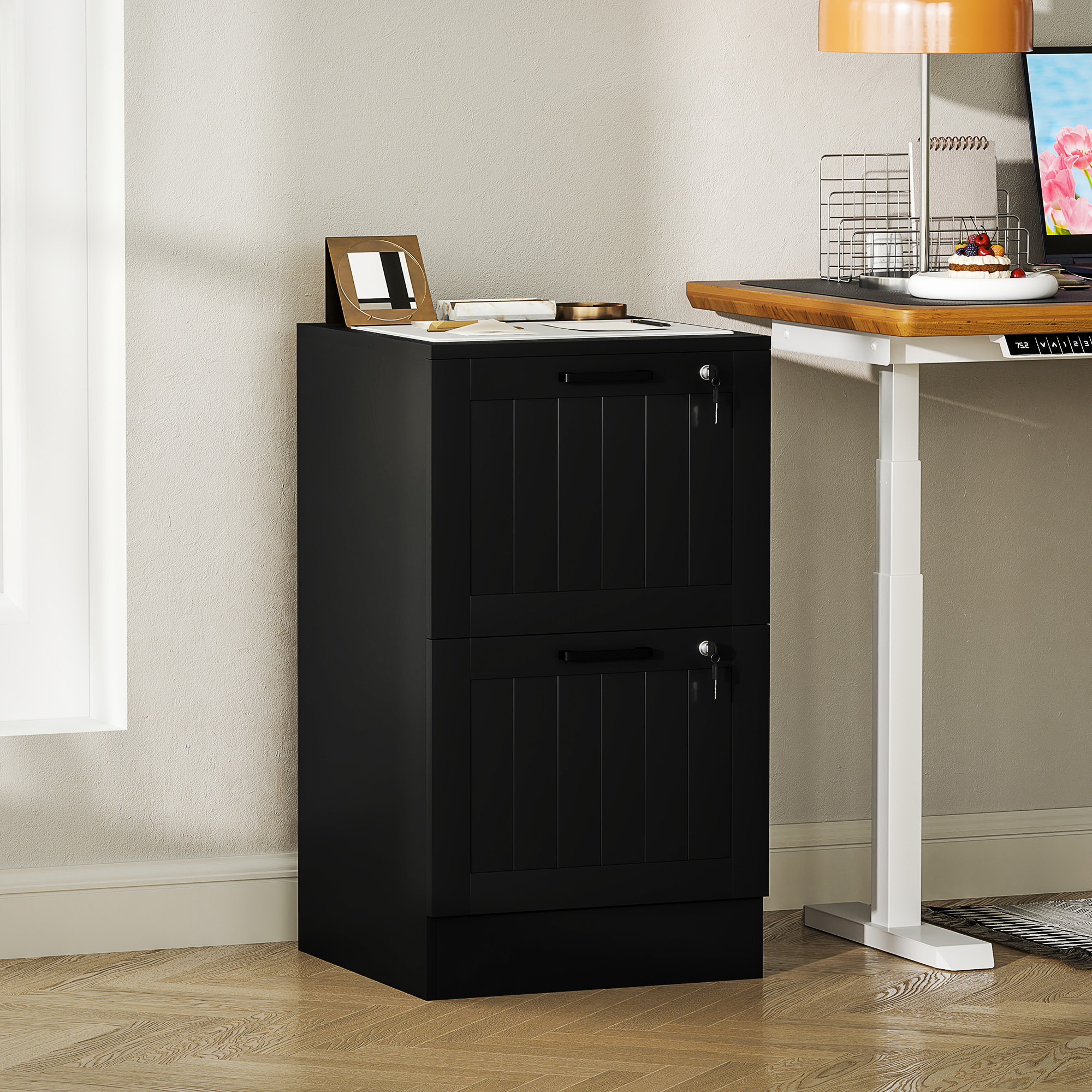 Caisson bureau 2 tiroirs verrouillables dossiers suspendus dim. 40x40x71cm MDF noir