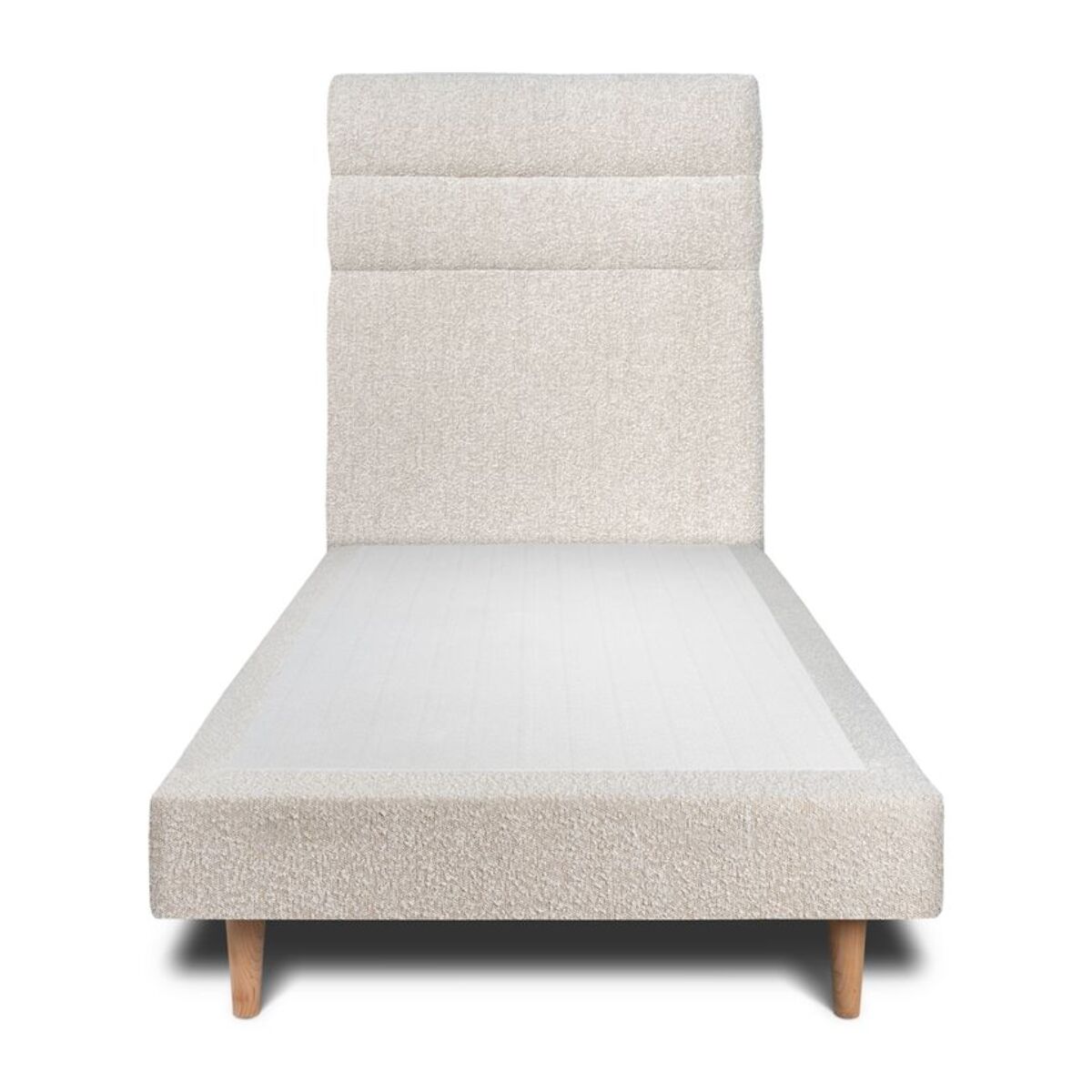 Lit avec tête de lit bandes horizontales bouclette et sommier tapissier Ep14