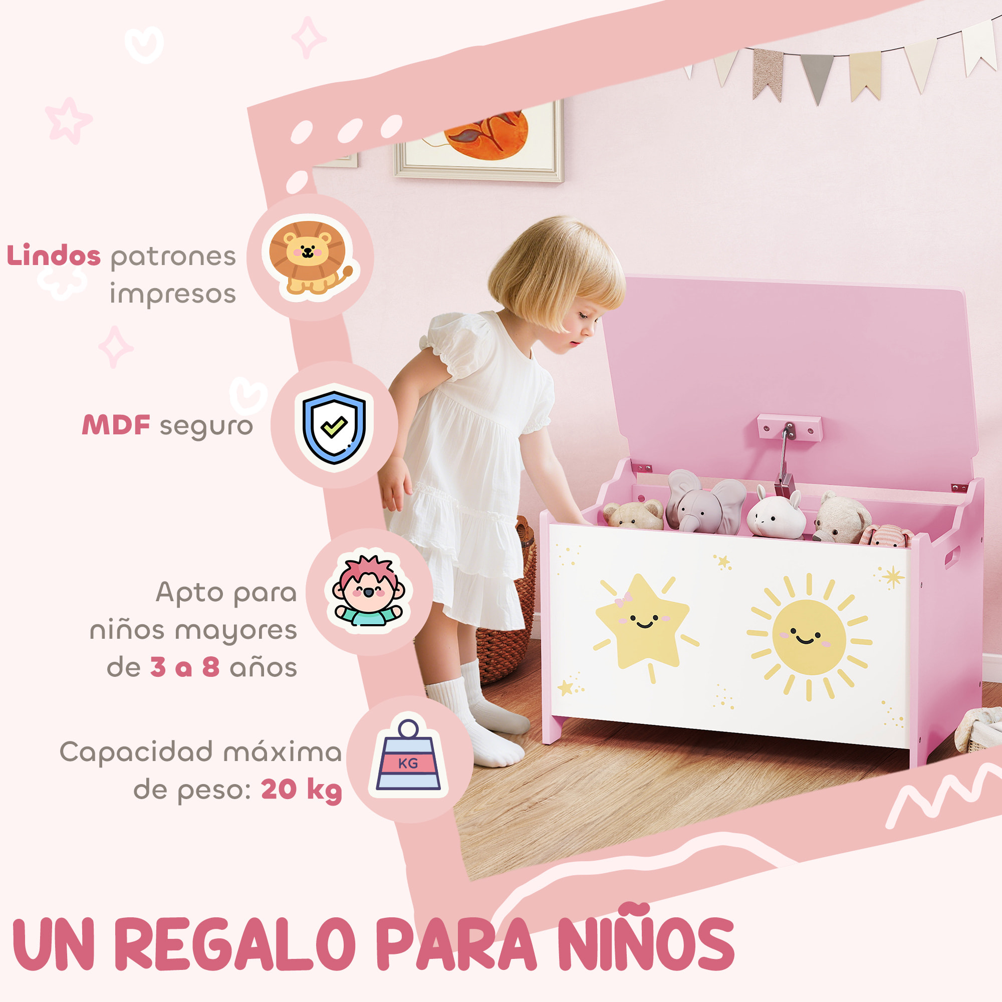 Caja de Almacenaje Juguetes, 53L, Baúl Juguetes Infantil, Organizador Juguetes con Tapa Abatible Pistón de Gas para Niños, Niñas, Libros, Ropa en Guardería, Sala de Juegos, Dormitorio, Rosa